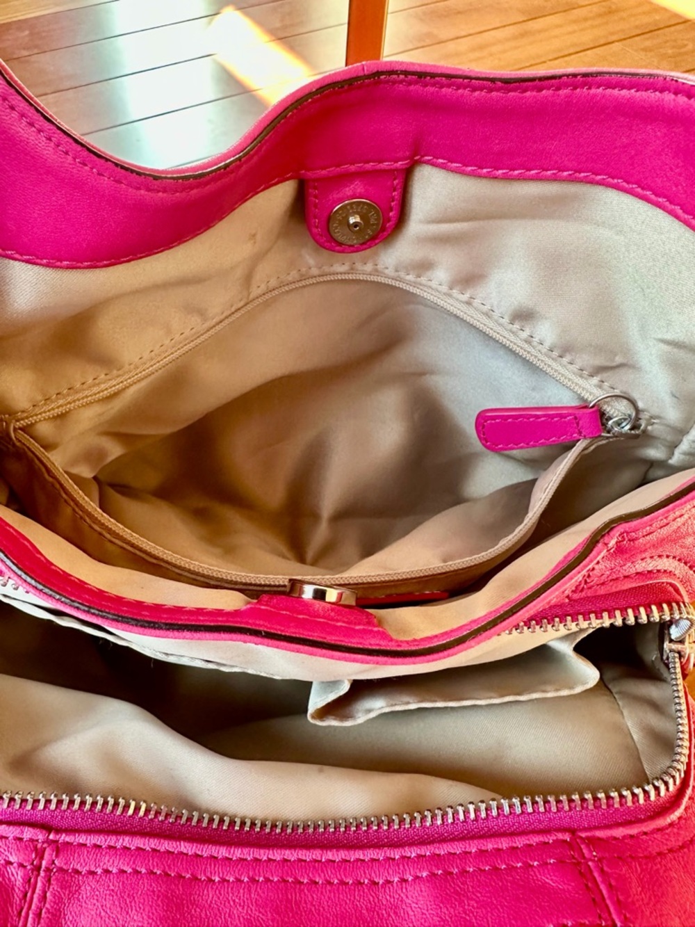 Coach Ashley Leather Hobo Shoulder Bag in Fuchsia with Tan Satin Interior - Picture 11 of 14